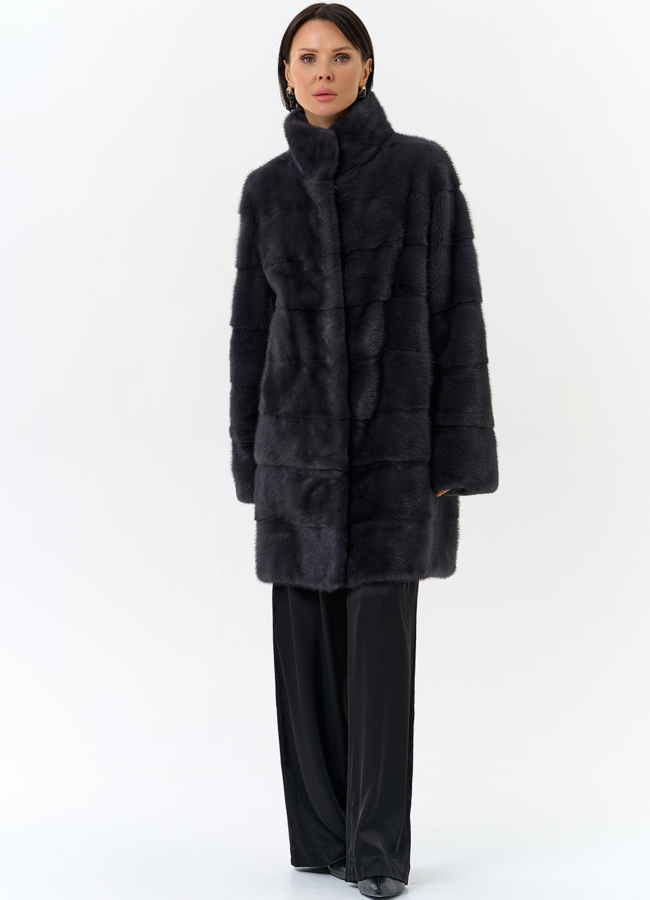 Норковая шуба с воротником стойка в цвете графит модель № 25926 в рассрочку