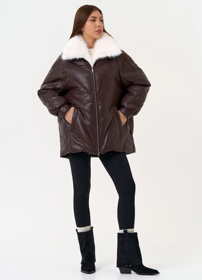 Женский пуховик из эко кожи коричневого цвета модель № 30712 универмаг малина