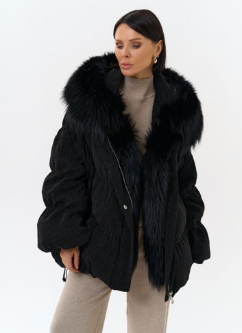 Женский блестящий пуховик с отделкой из меха чернобурки