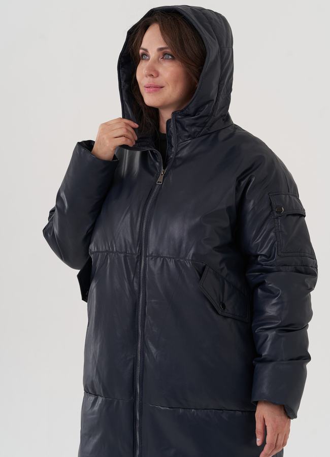Женский пуховик синего цвета из эко кожи модель № 25332 универмаг малина