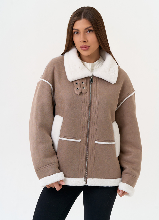 Женская дубленка из эко замши с воротником стойкой модель № 31504 меха малина