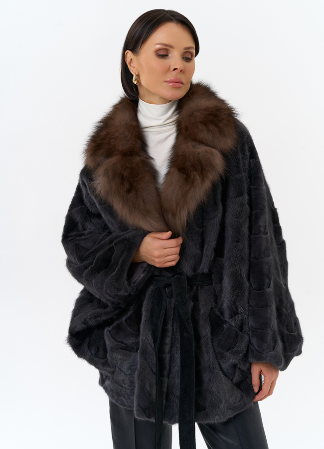 Шуба из меха норки с воротником из меха лисы модель № 31302 меха малина