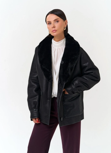 Женская дубленка из эко замши с поясом