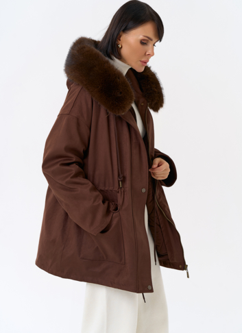 Женская парка из эко замши с капюшоном из эко меха