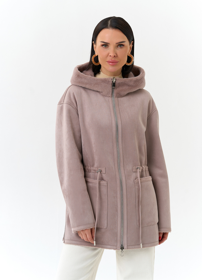 Двухсторонняя дубленка из эко замши с капюшоном модель № 32695 меха малина