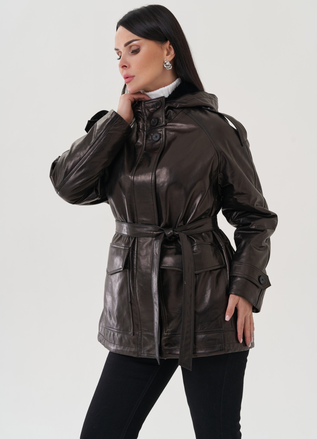 фото Куртка из натуральной кожи черного цвета с поясом модель № 25363