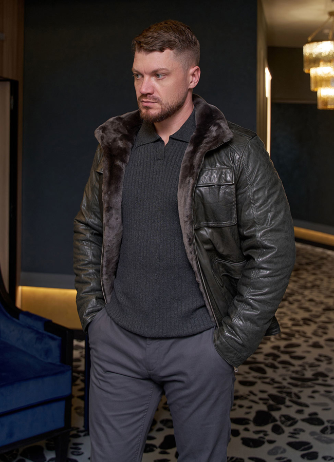 фото Мужская утепленная кожаная куртка  модель № 28074