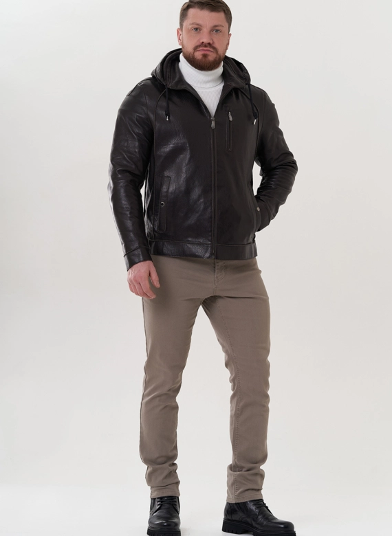 Мужская кожаная куртка с капюшоном фото
