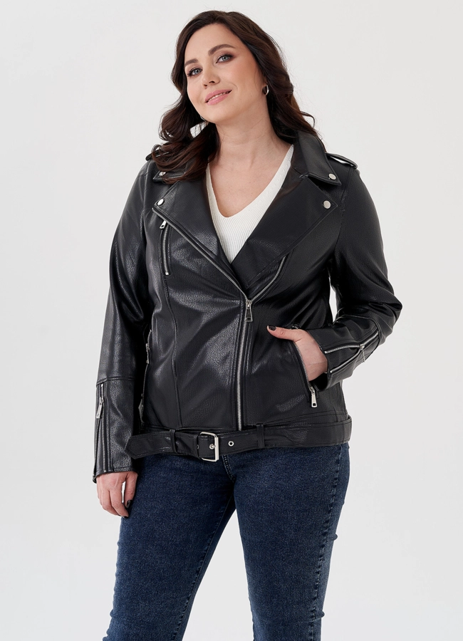 Удлиненная куртка косуха в черном цвете с ремнем модель № 695 меха малина