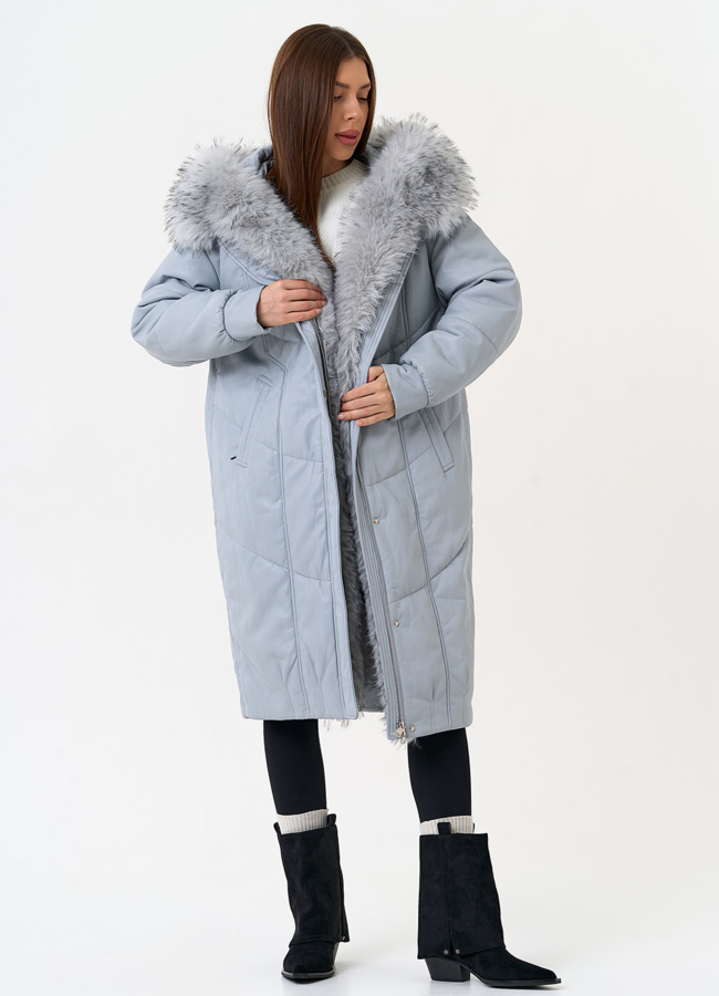 фото Женский пуховик из эко кожи с отделкой из эко меха модель № 30720