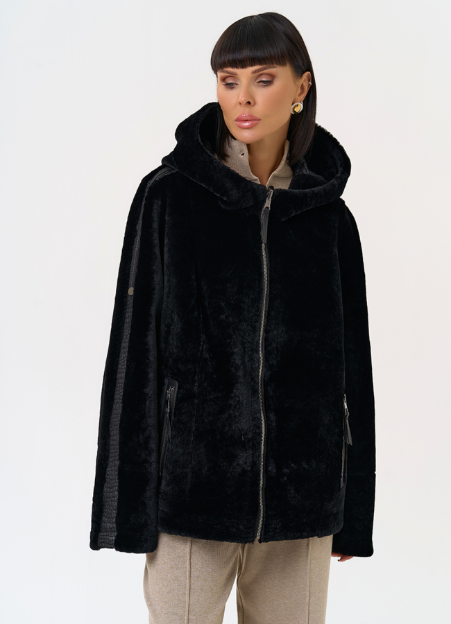 Женская двухсторонняя дубленка с капюшоном модель № 31482 универмаг малина