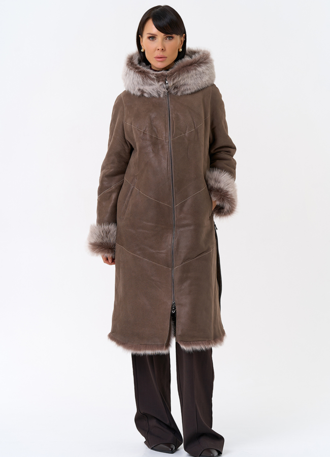 Женская натуральная дубленка с капюшоном модель № 31931 в рассрочку