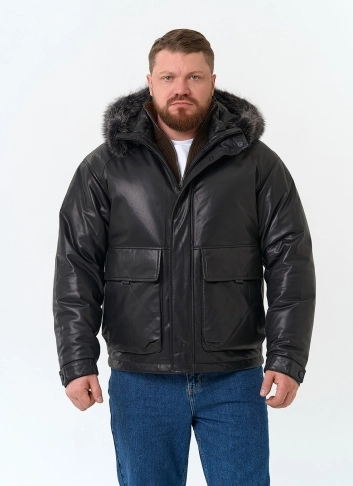 Мужской пуховик из натуральной кожи с мехом енота на капюшоне фото