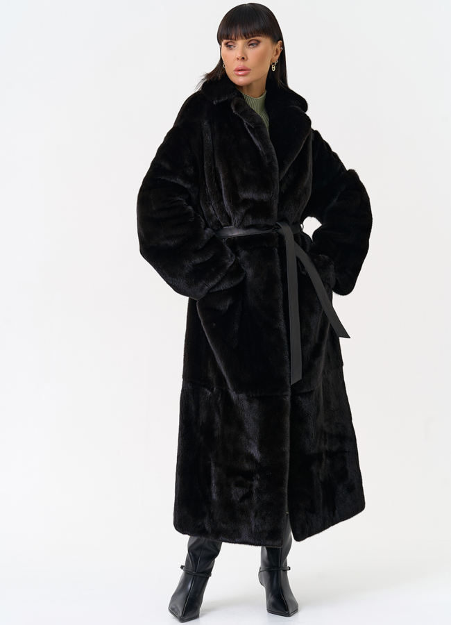 Длинная шуба из меха норки blackglama с поясом модель № 31636 универмаг малина
