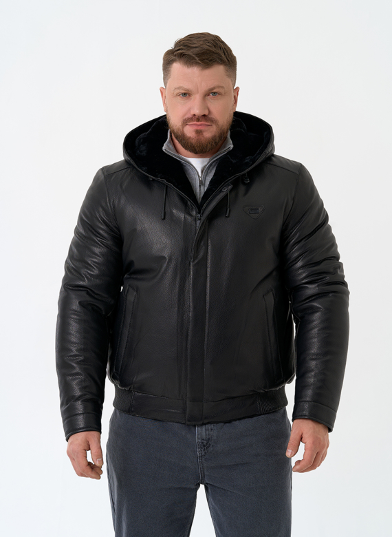 Мужской пуховик из натуральной кожи с капюшоном