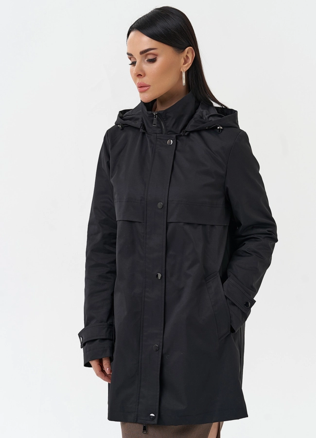 фото Плащ женский черного цвета с капюшоном модель № 30086
