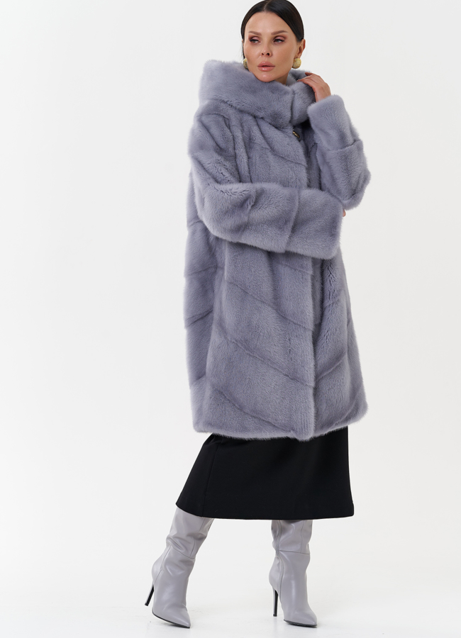 Норковая шуба голубого цвета с капюшоном модель № 28982 меха малина