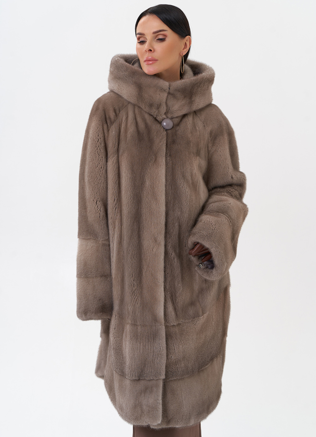 Норковая шуба с капюшоном  модель № 29095 универмаг малина