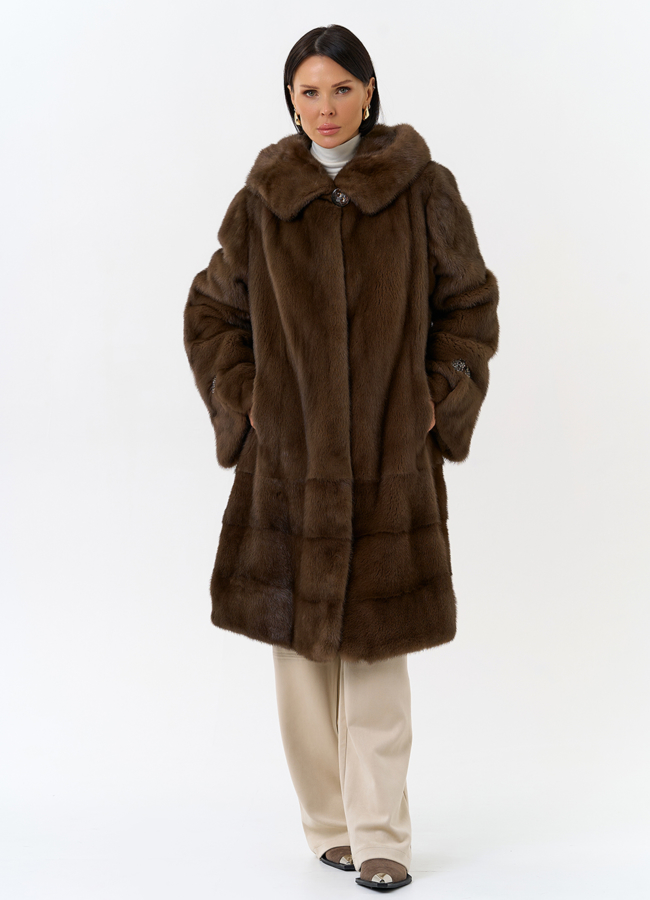 Шуба из меха норки с капюшоном модель № 29094 меха малина