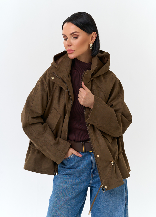 Женская утепленная куртка из эко замши с капюшоном модель № 32841 универмаг малина