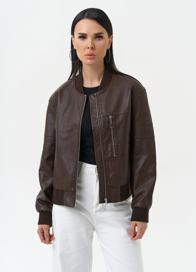 Куртка бомбер из эко кожи коричневого цвета модель № 30301 меха малина