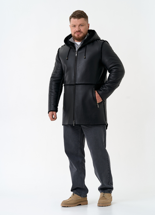 Мужская натуральная дубленка с капюшоном модель № 32060 в рассрочку