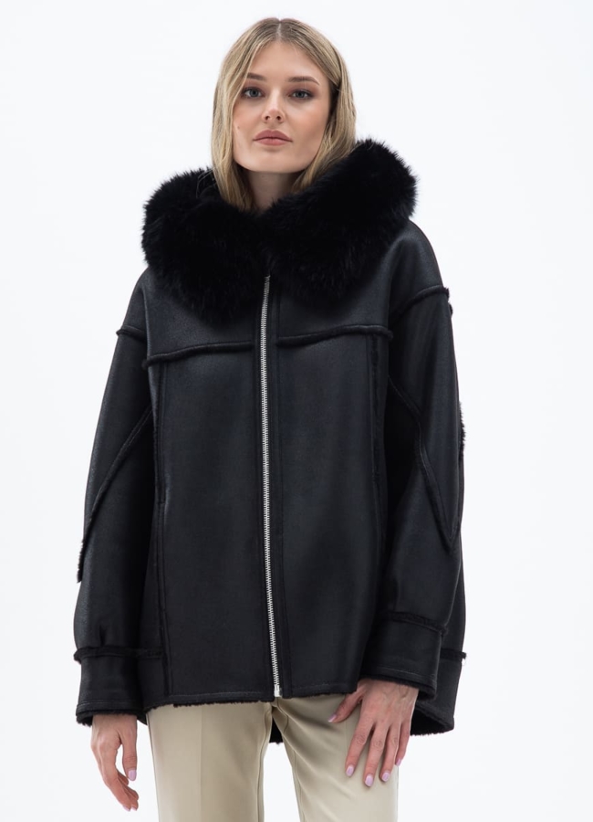 Женская дубленка из эко кожи с капюшоном модель № 32020 универмаг малина