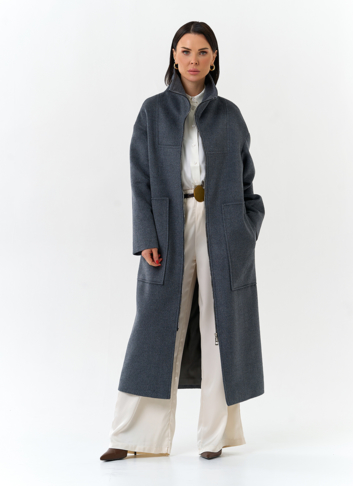 Женское длинное пальто с воротником стойкой