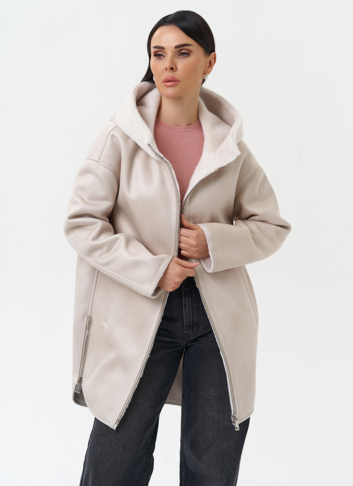 Женская дубленка из эко замши с капюшоном