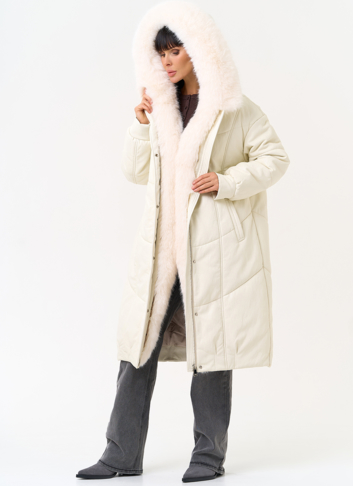 Женский пуховик из эко кожи со съемным эко мехом