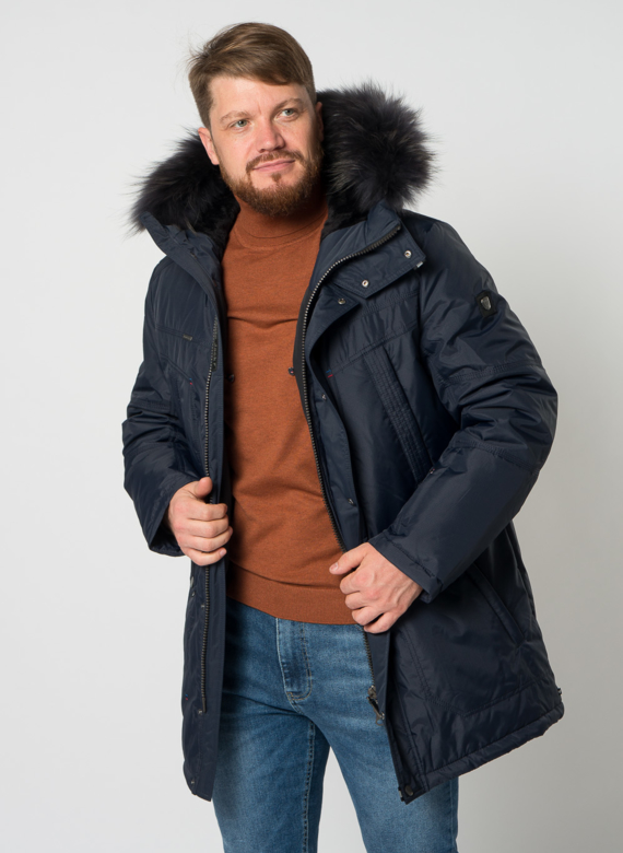 Полупальто мужское синего цвета с отделкой из енота