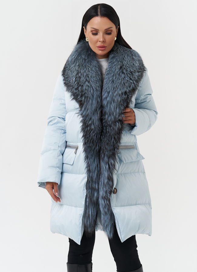 Пуховик с капюшоном из меха лисы модель № 28570 универмаг малина