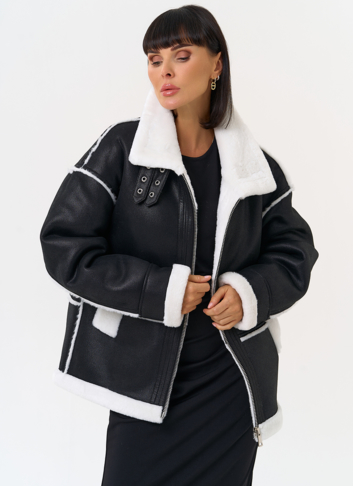 Женская дубленка из эко замши с воротником стойкой